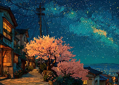 Nighttime Japanese Street with Cherry Blossoms
