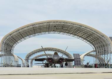 F-22 Raptor fighter jets in hangar