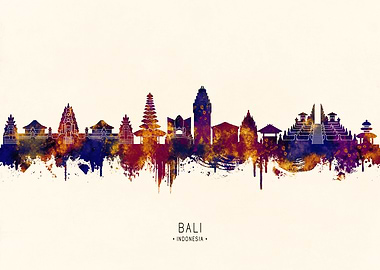 Bali, Indonesia Skyline Watercolor