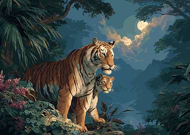 Tigers in Jungle Under Moonlight