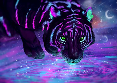 neon tiger drinking from starry water
