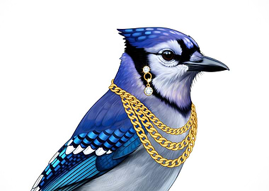 Blue Jay with Gold Chains and Earrings