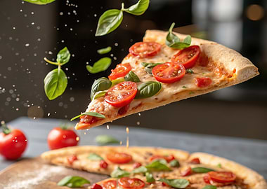 Floating Pizza Slice with Basil and Tomatoes