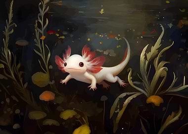 Axolotl in Dark Underwater Environment