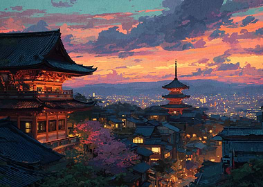 Japanese Pagoda at Sunset