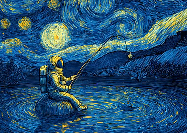 Astronaut Fishing in Starry Night Style