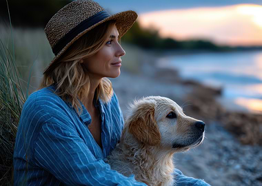 Woman and Golden Retriever by the Sea