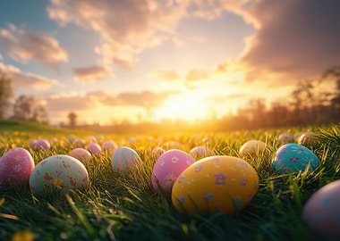 Easter Eggs in Field at Sunset