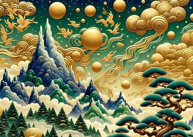 Golden Japan Landscape with Clouds