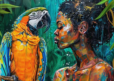 Woman and Parrot in Jungle Painting