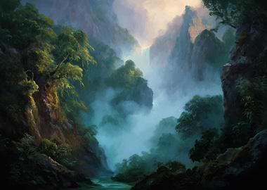 Lush Mountain Valley with Mist