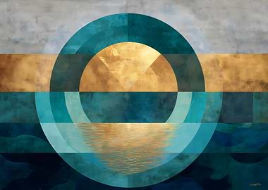 Abstract Teal and Gold Geometric Seascape