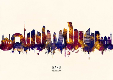 Baku, Azerbaijan Skyline Watercolor
