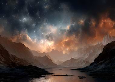 Dramatic Mountain Landscape with Starry Sky