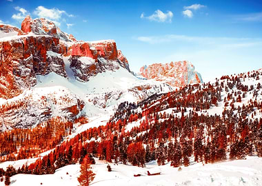 Snowy Mountain Landscape with Red Trees