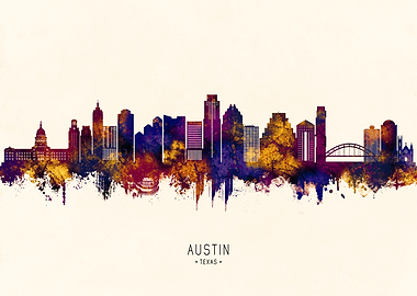 Austin Texas Skyline Watercolor Art