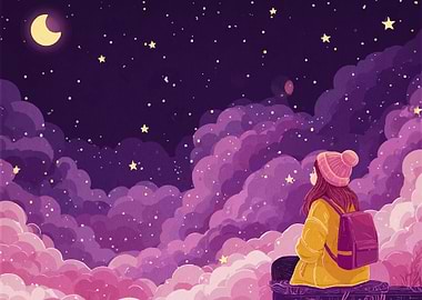 Girl Gazing at Starry Night Sky