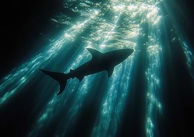 Shark Silhouette in Sunlit Ocean Depths