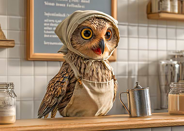 Anthropomorphic Owl Baker in Kitchen Setting