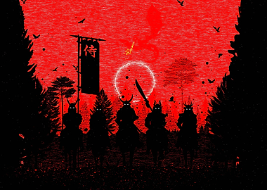 Samurai Warriors and Dragon Silhouette Art
