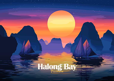 Halong Bay Vietnam Sunset Illustration