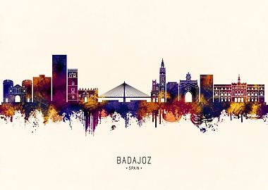 Badajoz, Spain Skyline Watercolor Silhouette