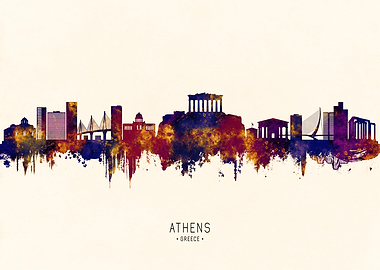 Athens Greece Watercolor Skyline Silhouette