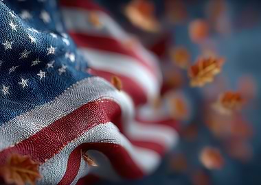 American Flag with Falling Autumn Leaves
