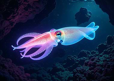 Glowing Squid in Deep Ocean Cave