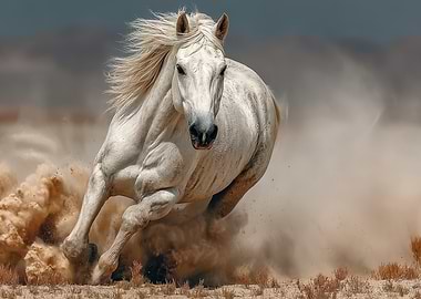White Horse Galloping Through Dust