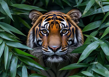 Tiger portrait in lush green foliage