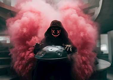 Masked Musician with Handpan and Smoke