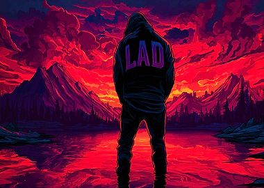 Hooded Figure in Red Landscape