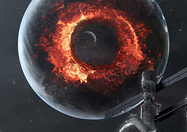 Burning Planet from Space Station View