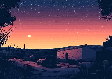 Rural House at Sunset Pixel Art