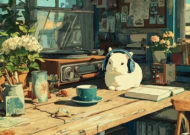 Rabbit with Headphones in Cozy Room
