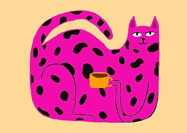 Pink Spotted Cat with Coffee