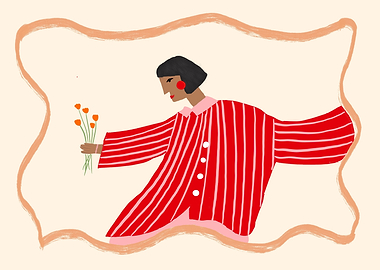 Woman in Striped Shirt with Flowers