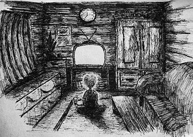 Monochrome Drawing: Child Watching Television