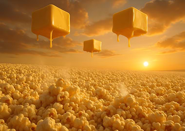 Golden Popcorn Plains at Sunset with Melting Butter Skies