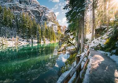 Winter Lake Landscape with Snowy Mountains