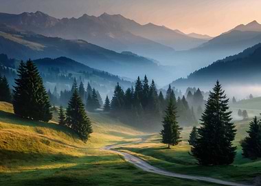 Mountain Landscape with Fog and Trees