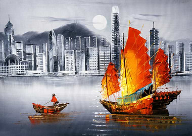 Hong Kong Harbor Painting with Junk Boats