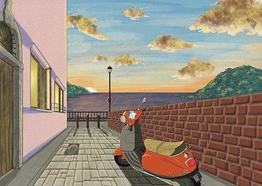 Red Vespa by the Italian Sea at Sunset