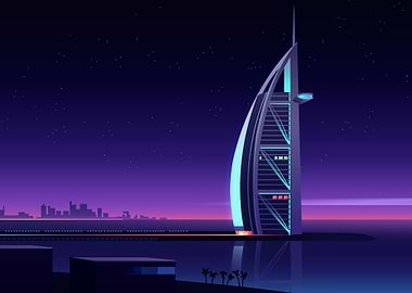 burj al arab at night illustration