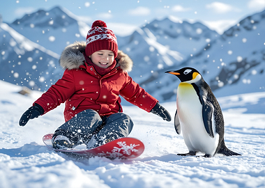 Boy with Penguin in Snowy Landscape