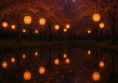 Twilight Lanterns Over Sakura Waters