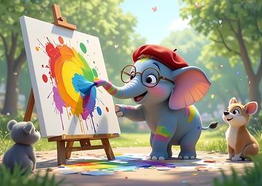 Elephant Artist Painting Rainbow with Friends