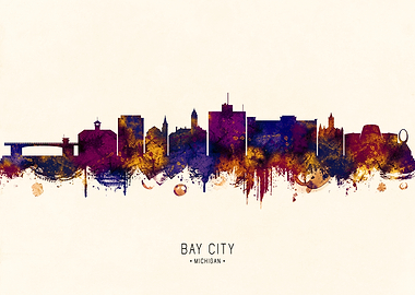 Bay City Michigan Skyline Watercolor