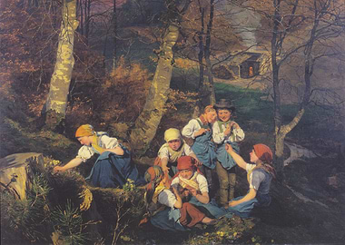 Children Gathering Flowers in Forest Painting